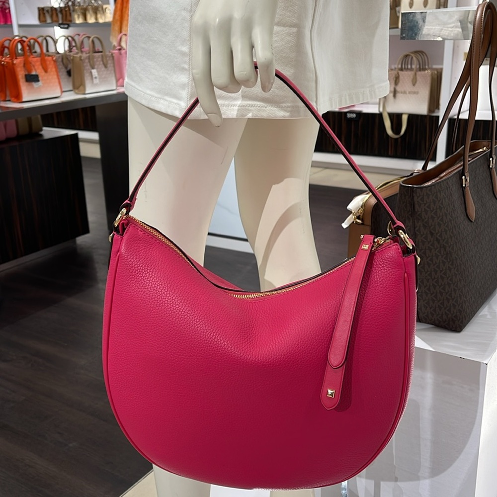 Michael Kors Dover Large Leather Top Zip Half Moon Shoulder Bag in Electric Pink - Picture 12 of 16